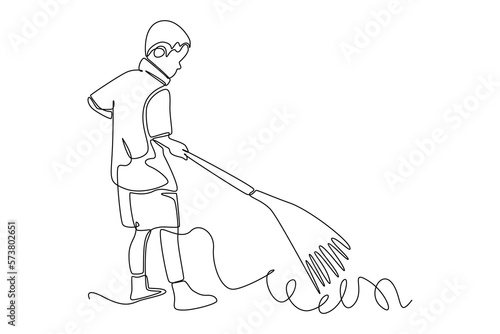 Single one line drawing boy student sweeping the floor in the classroom. Healthcare at school concept. Continuous line draw design graphic vector illustration.