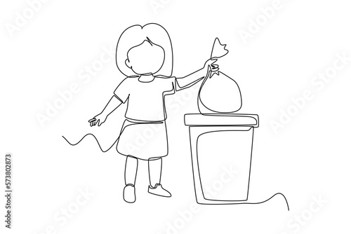Single one line drawing little kid throw trash to trash bin. Healthcare at school concept. Continuous line draw design graphic vector illustration.