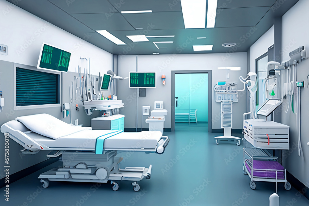 Interior of emergency room in modern clinic with empty hospital beds, nurses station and various medical equipment. With no people 3D illustration on health care theme. Generative AI. Interior of emergency room in modern clinic with empty hospital beds, nurses station and various medical equipment. With no people 3D illustration on health care theme. Generative AI.