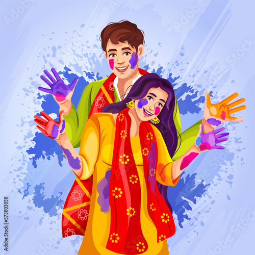 Happy Holi Festival Of Colors Illustration Of Colorful Gulal For Holi banner, colorful background with powder. Vector illustration design. Illustration Of Indian People Enjoying Or Celebrating Holi.