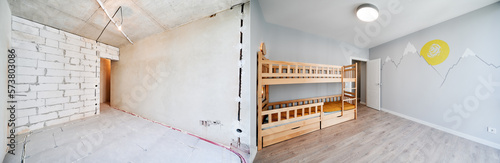 Tableau sur toile Comparison of children room with wooden bunk bed before and after restoration