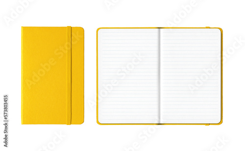Yellow closed and open lined notebooks isolated on transparent background
