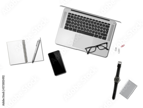 Office desk mockup top view isolated on transparent background