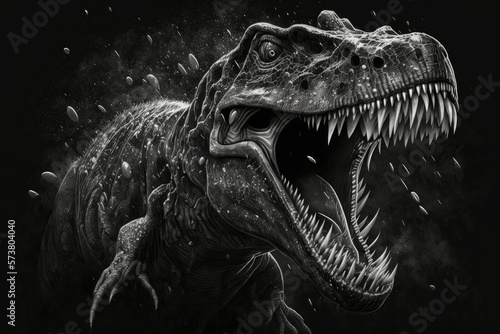 Illustration of a Tyrannosaurus rex, a dinosaur from the Jurassic period, baring his teeth. Generative AI © 2rogan