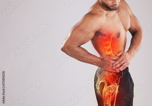 Mockup, health and man with pain, side and fitness with muscle tension, inflammation and broken bone on grey studio background. Male, guy and athlete with injury, accident and emergency on backdrop photo