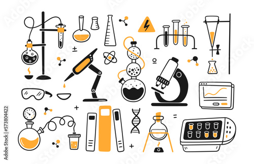 Science biology chemical experiment lab. Chemical laboratory equipment. Hand drawn chemical processes. Doodle vector illustration with lab flask, microscope and DNA molecule on white background.