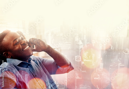 Black man, phone call and double exposure with city for networking, conversation and smile. Businessman, smartphone chat and ceo with happiness, mockup and communication for negotiation by cityscape