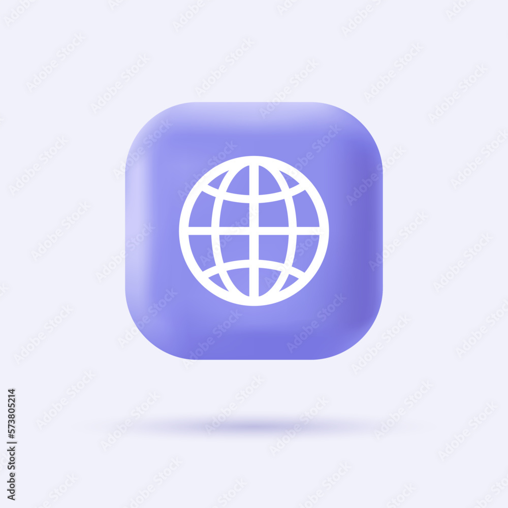3d world wide web icon. Browser symbol on realistic violet button. Modern infographic logo and pictogram. Vector cartoon illustration. 3d world wide web icon. Browser symbol on realistic violet button. Modern infographic logo and pictogram. Vector cartoon illustration.