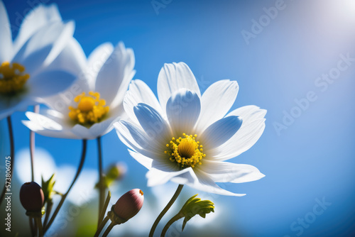 Spring flower background against a blue sky