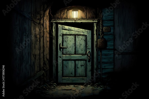 close-up of an old wooden door with a metal lock, ANIME (AI Generated)