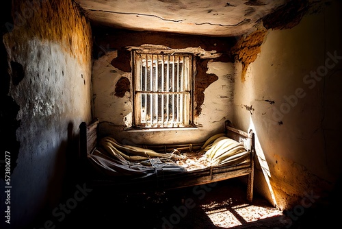 ancient prison cell with a window and a bed (AI Generated)