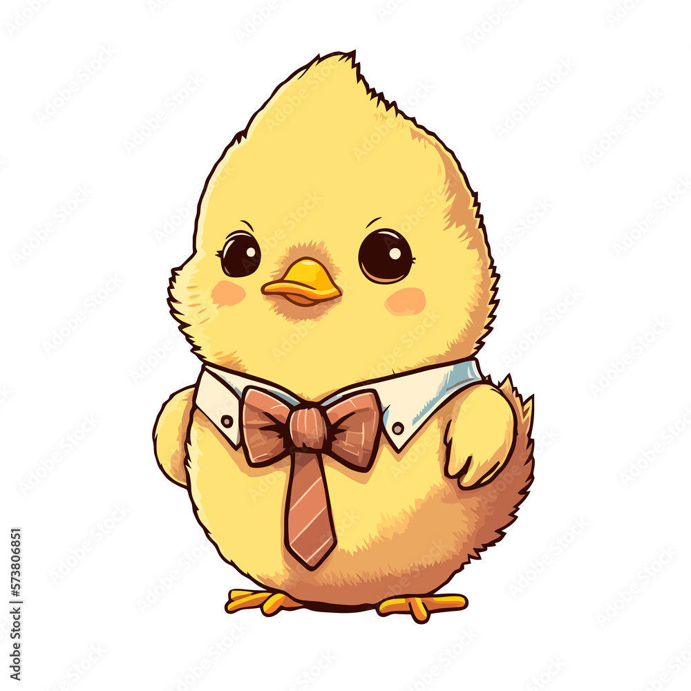 Cute cartoon little chicken with tie isolated on white background. Vector illustration. Icon. Print