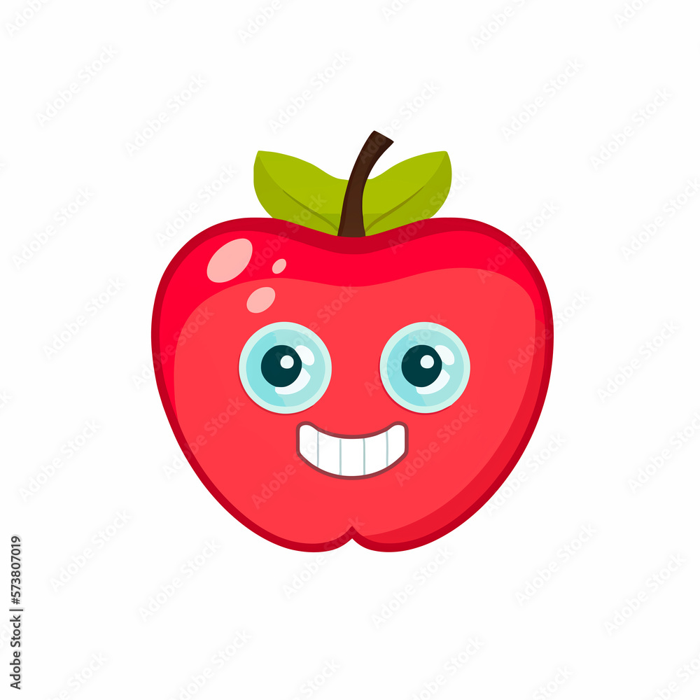 Cute cartoon red apple character with a smile isolated on white background. Flat style. Vector illustration. Icon Cute cartoon red apple character with a smile isolated on white background. Flat style. Vector illustration. Icon
