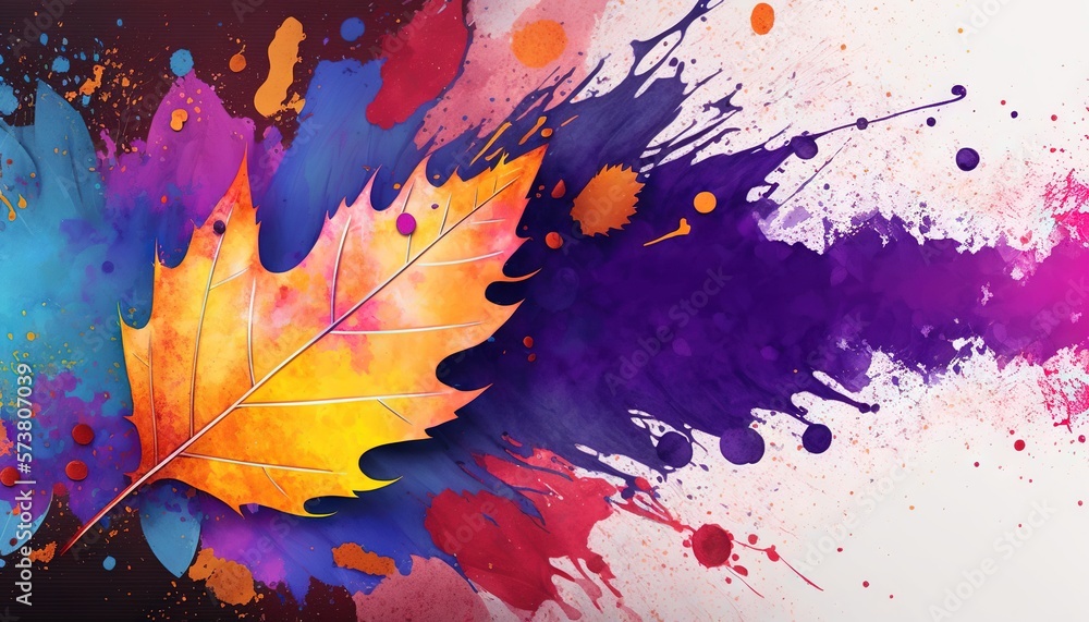 a colorful maple leaf on a white and black background with splashes of paint on the bottom of the leaf and bottom of the leaf. generative ai a colorful maple leaf on a white and black background with splashes of paint on the bottom of the leaf and bottom of the leaf. generative ai