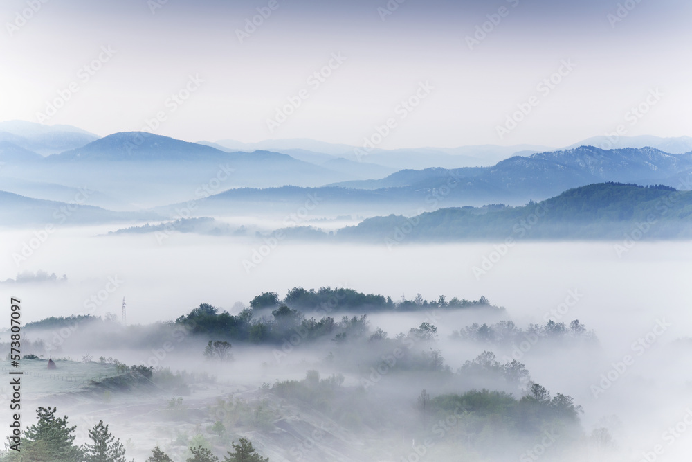 spring scenery,morning foggy landscape in northeastern Bosnia
