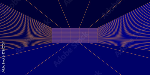 3D wireframe room colorful on dark background. Abstract perspective grid. Vector illustration.