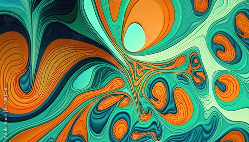  an abstract painting with orange, blue and green swirls on a blue background with a white circle in the center of the image and a yellow circle in the center of the middle.  generative ai