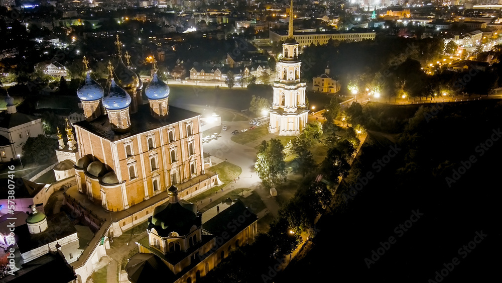 Ryazan, Russia. Night flight. Ryazan Kremlin - The oldest part of the city of Ryazan. Cathedral of the Assumption of the Blessed Virgin Mary, Aerial View