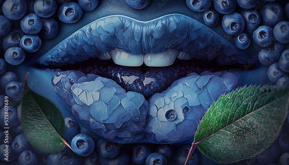 a painting of a woman's mouth with blueberries surrounding her and a
