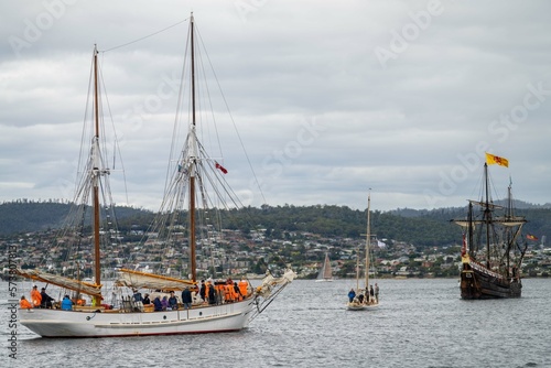 tall ships sailing, tall wooden ships on the water. at the wooden boat festival hobart