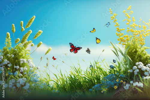 Summer Meadow With Butterflies against a blue sky