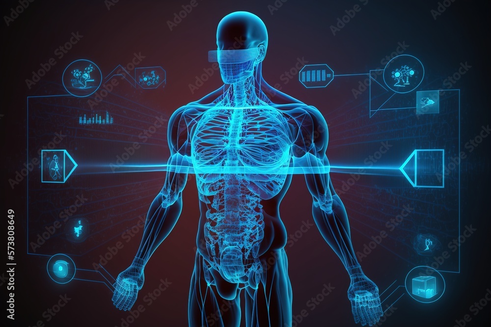 Digital x-ray human body holographic scan projection on dark blue background 3D rendering. The human body, organs, and brain scan with pictures. Hi-tech elements. Generative AI