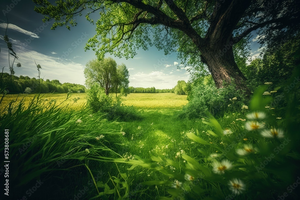 Wide angle view of a lush green field. Lush, verdant grass in a wooded clearing. Scaled up view of the natural world. Lawn grass on a wide open field. Generative AI Wide angle view of a lush green field. Lush, verdant grass in a wooded clearing. Scaled up view of the natural world. Lawn grass on a wide open field. Generative AI