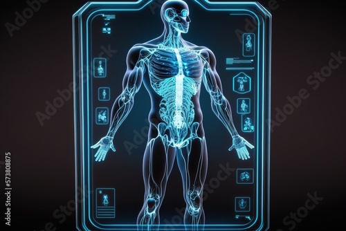 Digital x-ray human body holographic scan projection on dark blue background 3D rendering. The human body, organs, and brain scan with pictures. generative ai
