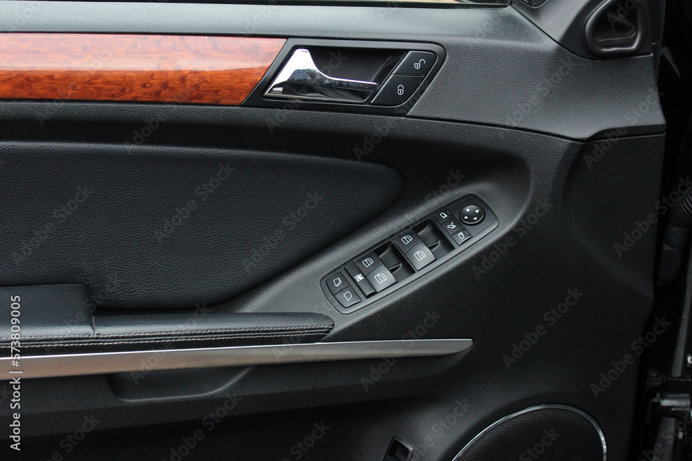 Car door trim, door handle and control buttons.