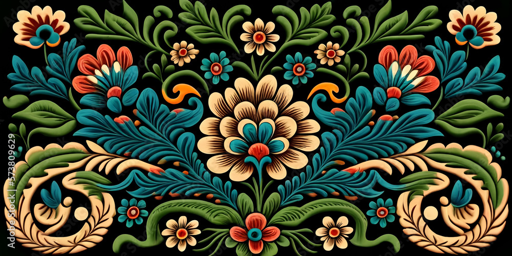 Indonesian Ethnic Folk Art Floral Wallpaper, Generative AI Illustration