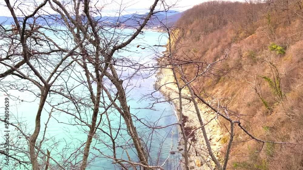 Panoramic view of the Black Sea coast from the mountain through the branches of trees. View of the blue water and the rocky seashore from the Kiselyov cliff. Sunset on the beach. 4K Panoramic view of the Black Sea coast from the mountain through the branches of trees. View of the blue water and the rocky seashore from the Kiselyov cliff. Sunset on the beach. 4K