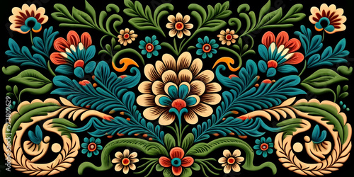Indonesian Ethnic Folk Art Floral Wallpaper, Generative AI Illustration photo