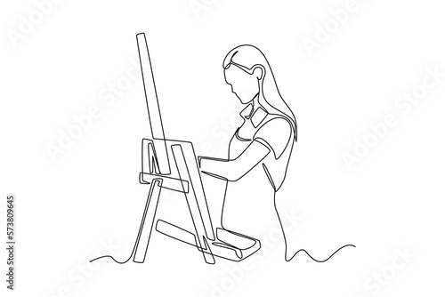 Continuous one line drawing girl holding a paintbrush and working on a painting for art class. Class in action concept. Single line draw design vector graphic illustration.