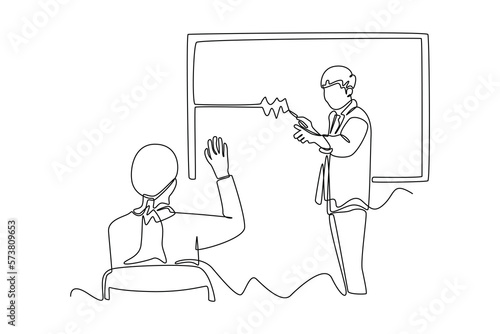 Continuous one line drawing students ask the teacher in class. Class in action concept. Single line draw design vector graphic illustration.