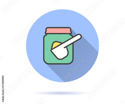 Jar with spoon for baby food icon with long shadow for graphic and web design.