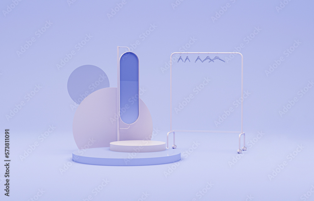 Creative interior design in pastel purple studio with Clothes hanging on a rack, plant pot and podium. Trend colour year 2023 in the room.3d render Creative interior design in pastel purple studio with Clothes hanging on a rack, plant pot and podium. Trend colour year 2023 in the room.3d render