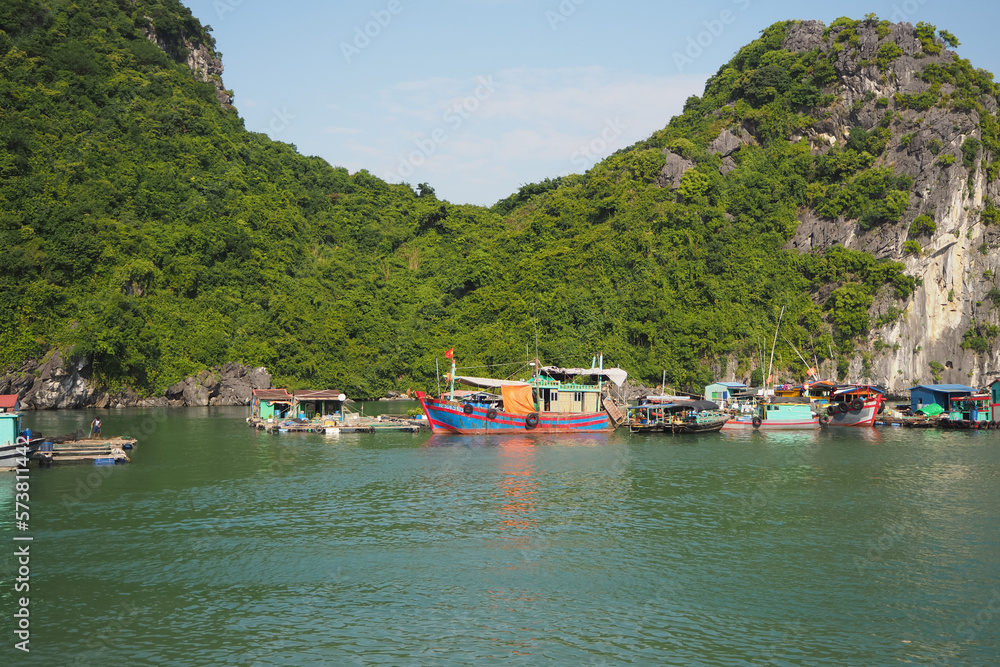 Floating fishers village in Lan Ha bay near Ha Long bay in Vietnam 