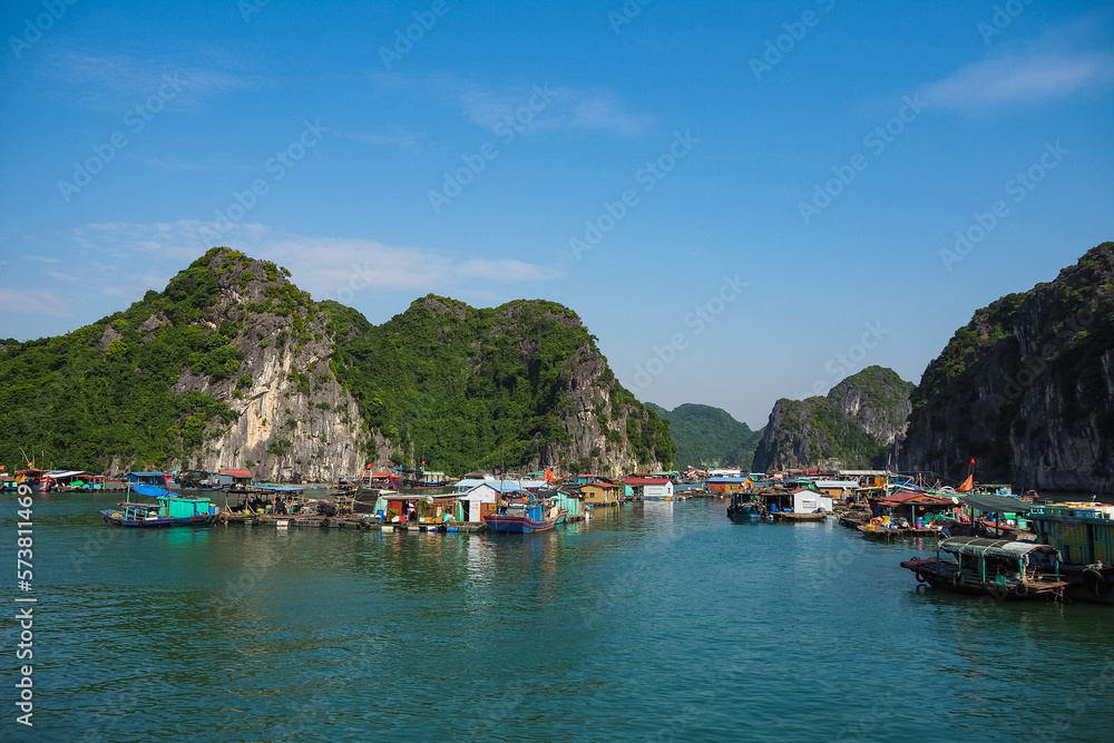 Floating fishers village in Lan Ha bay near Ha Long bay in Vietnam 