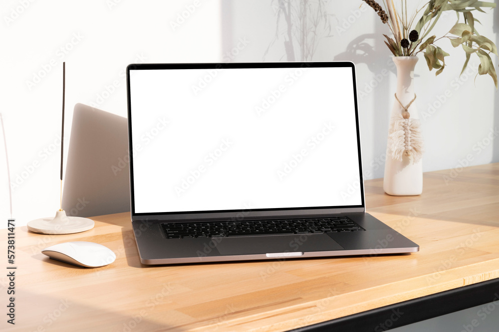 Fototapeta premium Notebook mockup with vase and eucalyptus