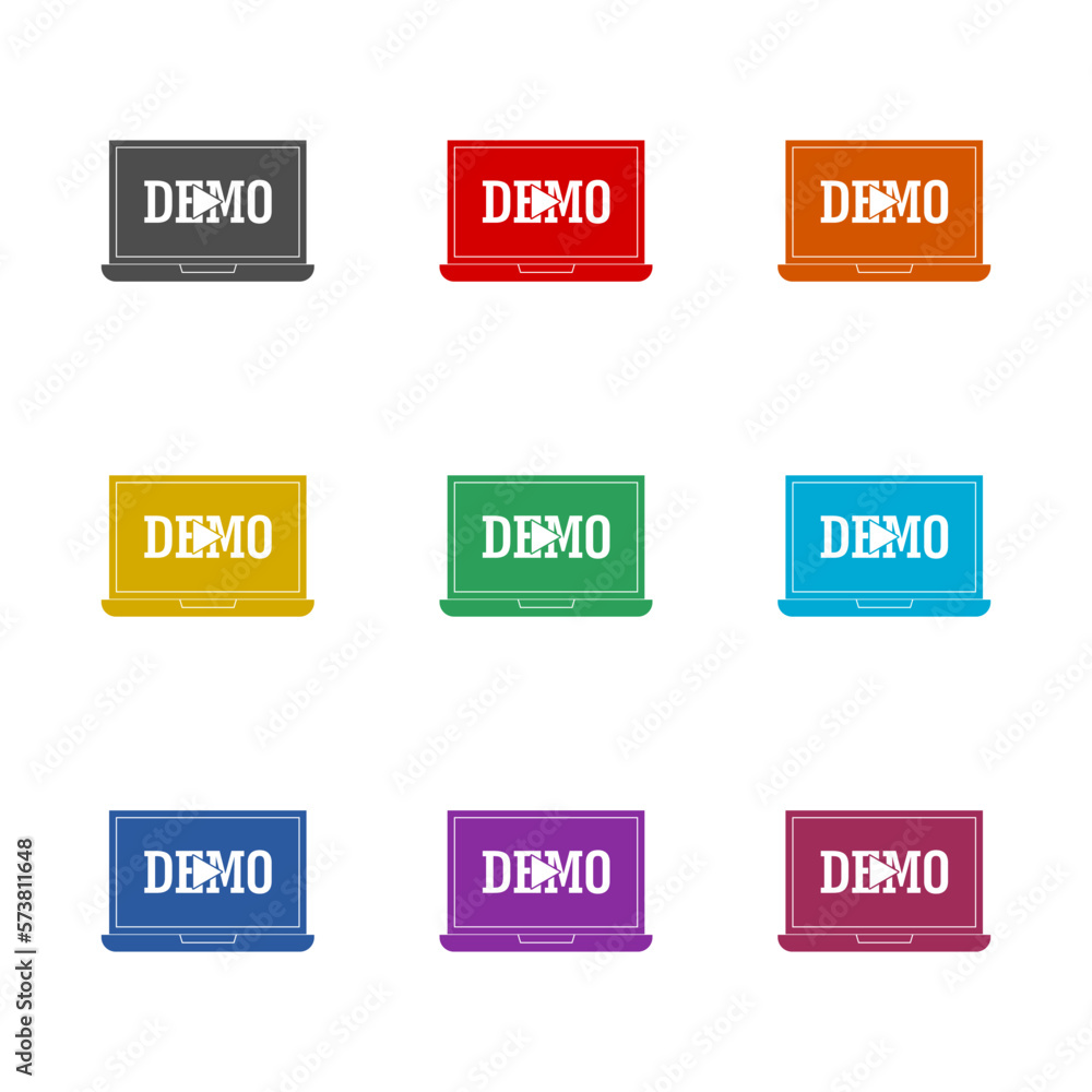 Laptop with demo icon isolated on white background. Set icons colorful Laptop with demo icon isolated on white background. Set icons colorful