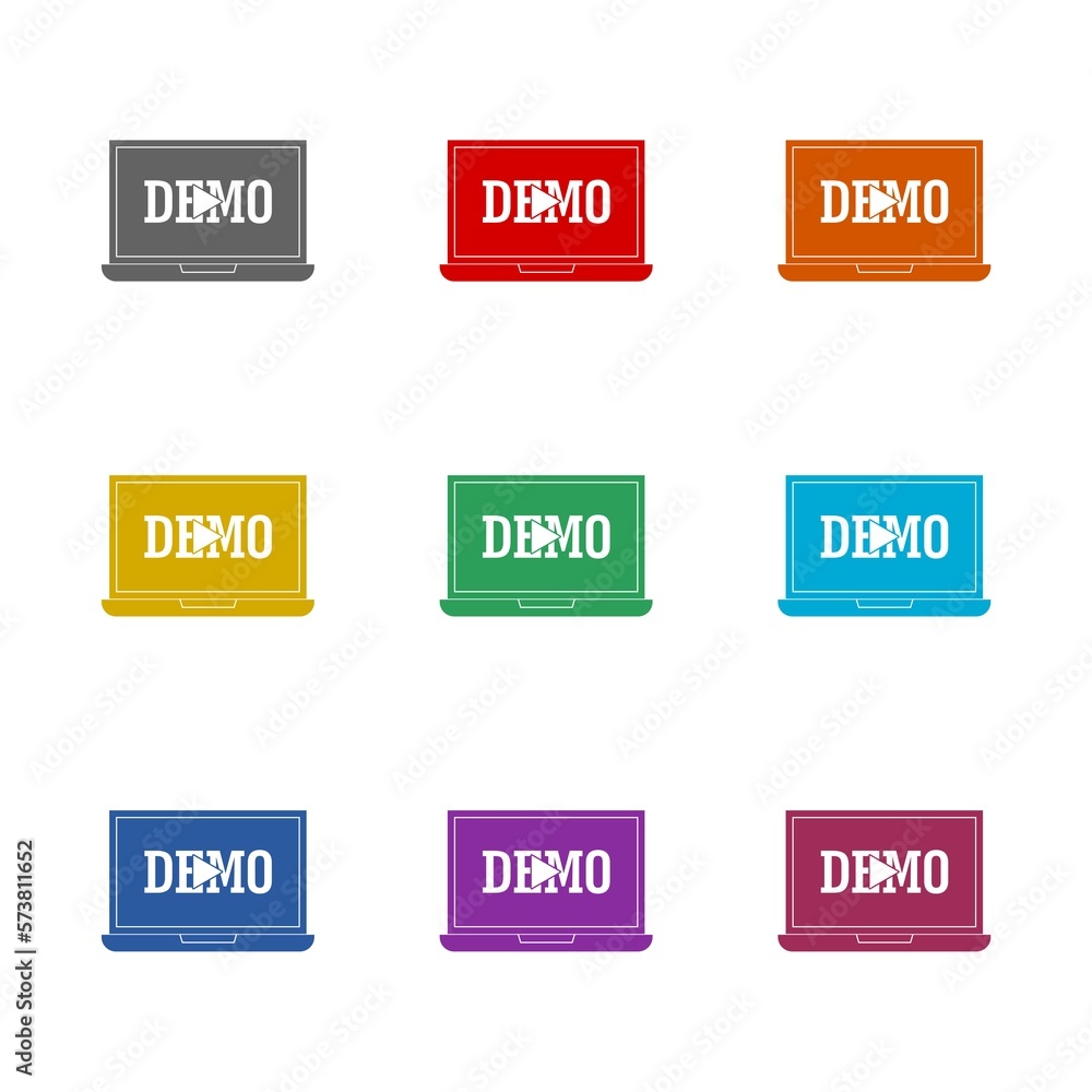 Laptop with demo icon isolated on white background. Set icons colorful Laptop with demo icon isolated on white background. Set icons colorful