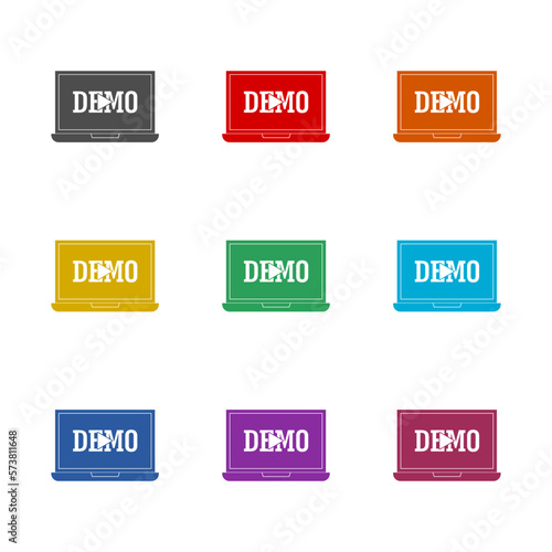 Laptop with demo icon isolated on white background. Set icons colorful