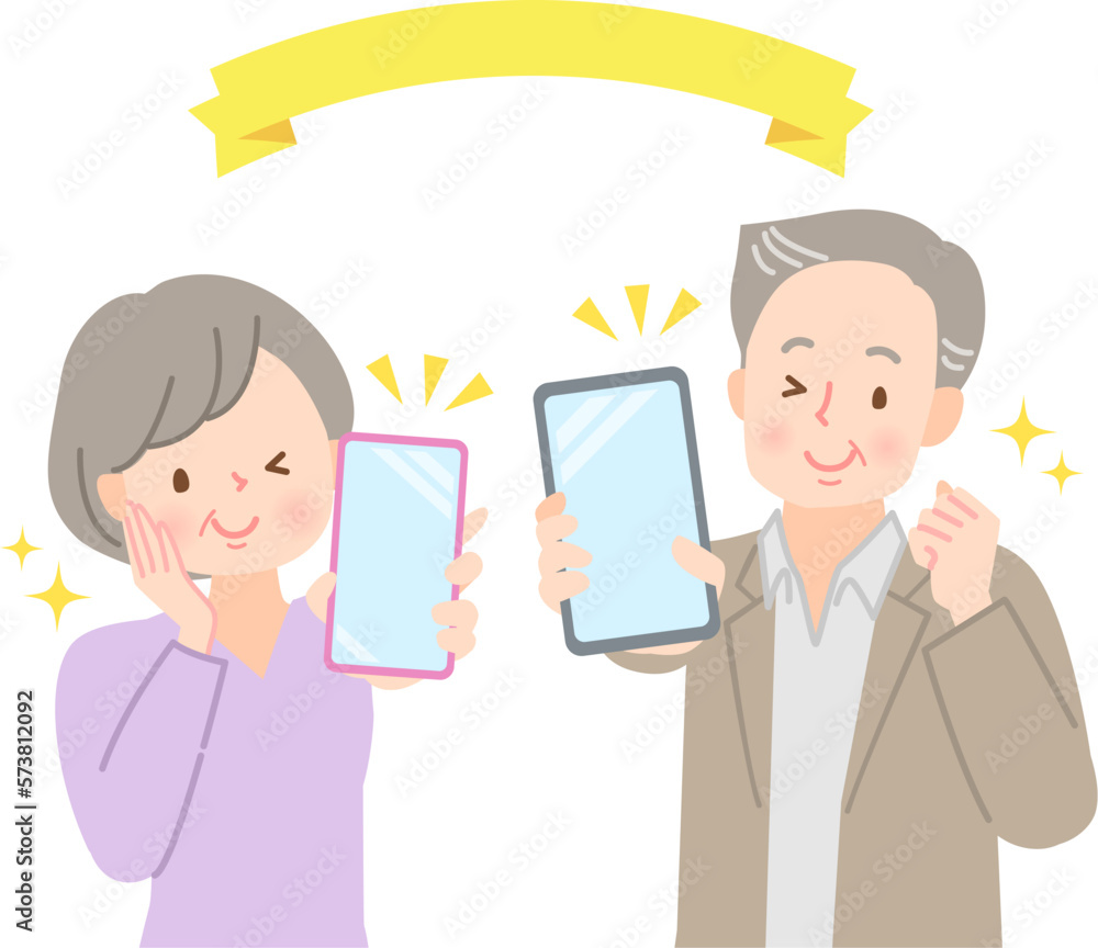 スマホの画面を見せるシニア夫婦 スマホの画面を見せるシニア夫婦