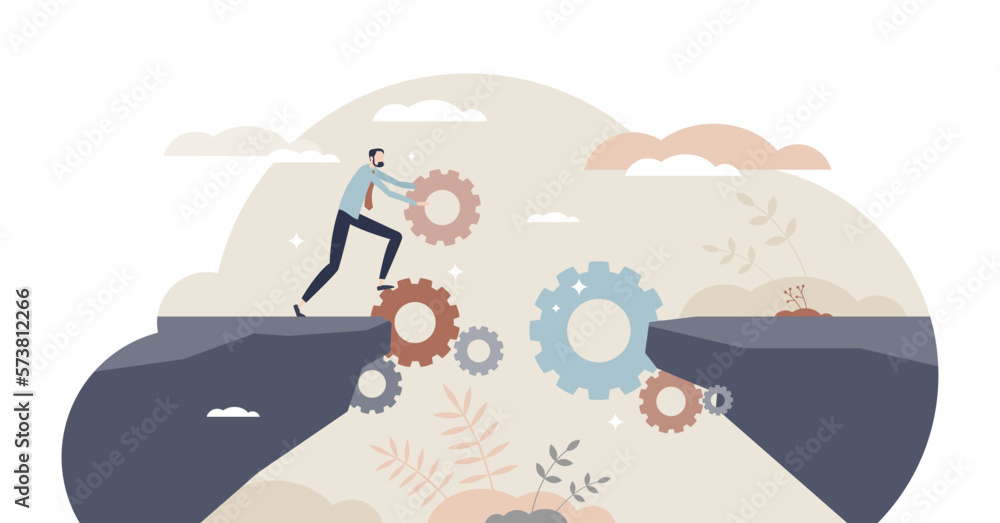 Bridging the gap using business technology and automation tiny person concept, transparent background. Smart and effective leadership with problem solution and tech assistance illustration. Bridging the gap using business technology and automation tiny person concept, transparent background. Smart and effective leadership with problem solution and tech assistance illustration.