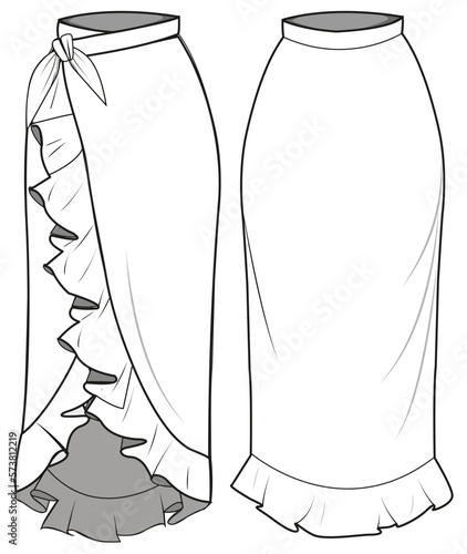 Bohemian Skirt, Frill Wrap Around Maxi Skirt Front and Back View. Fashion Illustration, Vector, CAD, Technical Drawing, Flat Drawing, Template, Mockup	