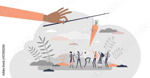 Carrot and stick metaphor as treat teasing visualization tiny person concept, transparent background. Employee motivation method with award dangling illustration.