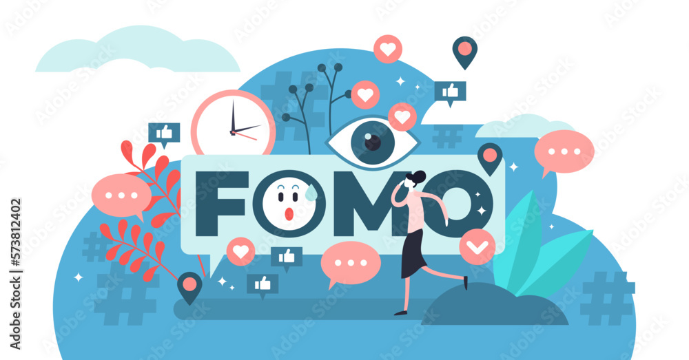 Fototapeta premium FOMO illustration, transparent background. Flat tiny fear of missing out person concept. Social anxiety cause and symptom to be with pervasive apprehension or afraid from absent regrets.