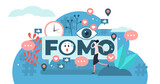 FOMO illustration, transparent background. Flat tiny fear of missing out person concept. Social anxiety cause and symptom to be with pervasive apprehension or afraid from absent regrets.