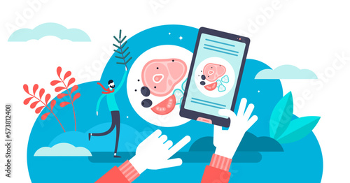 Food blogging illustration, transparent background. Flat tiny meal pictures taking person concept. Gourmet description and artistic photos sharing in social media. Modern occupation and hobby.