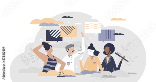 Friends talking together as social group conversation tiny person concept, transparent background. Multiracial friendship with various opinions and information exchange scene illustration.